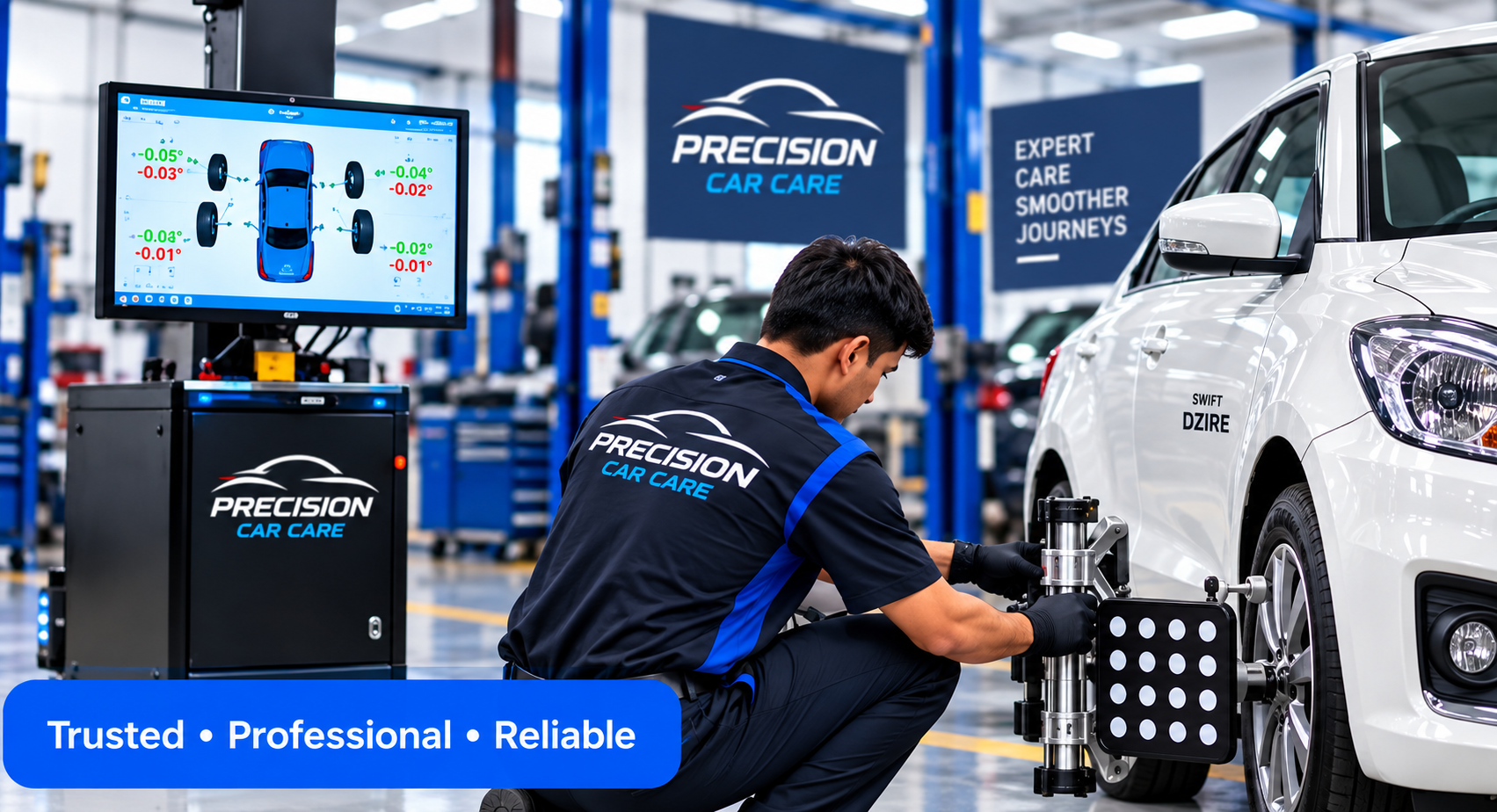 Technician fitting a 3D alignment target on a wheel in the Precision Car Care workshop